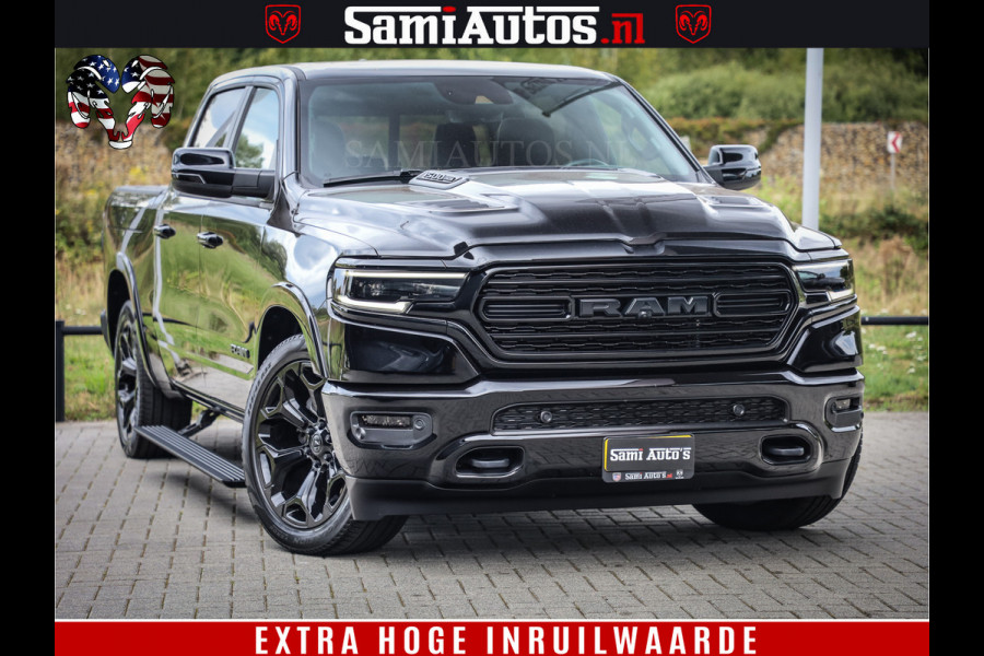 Dodge Ram 1500 DIAMOND LIMITED NIGHT 5.7 V8 | BLACK OPS | MULTITAILGATE | PANO | ADAPTIVE CRUISE | 360CAM | APPLE CARPLAY | PRINS LPG ONDERBOUW | LUCHTVERING | 4X4 | Comfortabele Dubbele Cabine met Royale 5 Zitplaatsen | BEUTY | MEEST COMPLETE UITVOERING | ALLES IN ZWART & WIELEN HOOGGLANS ZWART |