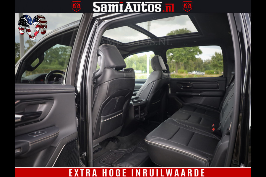Dodge Ram 1500 DIAMOND LIMITED NIGHT 5.7 V8 | BLACK OPS | MULTITAILGATE | PANO | ADAPTIVE CRUISE | 360CAM | APPLE CARPLAY | PRINS LPG ONDERBOUW | LUCHTVERING | 4X4 | Comfortabele Dubbele Cabine met Royale 5 Zitplaatsen | BEUTY | MEEST COMPLETE UITVOERING | ALLES IN ZWART & WIELEN HOOGGLANS ZWART |