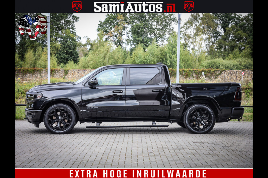 Dodge Ram 1500 DIAMOND LIMITED NIGHT 5.7 V8 | BLACK OPS | MULTITAILGATE | PANO | ADAPTIVE CRUISE | 360CAM | APPLE CARPLAY | PRINS LPG ONDERBOUW | LUCHTVERING | 4X4 | Comfortabele Dubbele Cabine met Royale 5 Zitplaatsen | BEUTY | MEEST COMPLETE UITVOERING | ALLES IN ZWART & WIELEN HOOGGLANS ZWART |