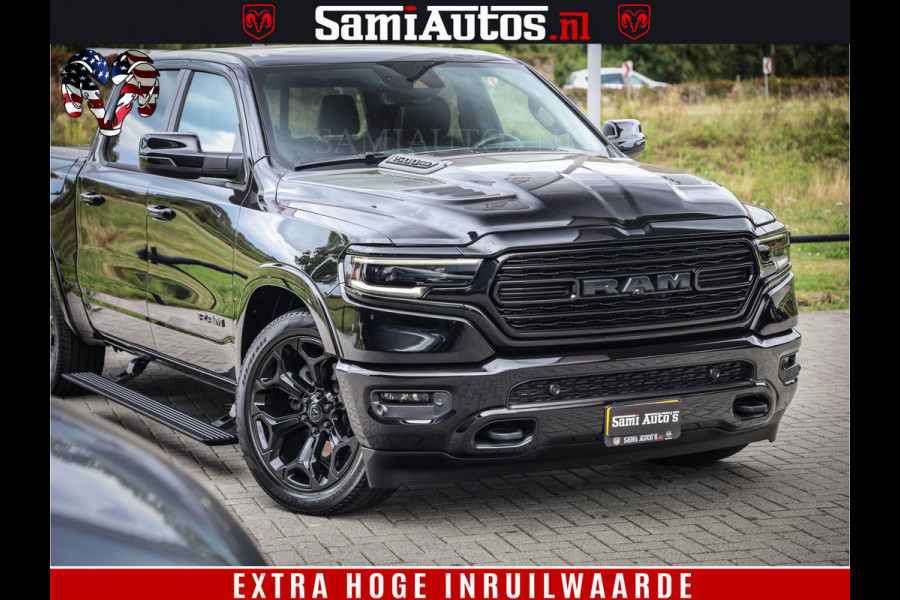 Dodge Ram 1500 DIAMOND LIMITED NIGHT 5.7 V8 | BLACK OPS | MULTITAILGATE | PANO | ADAPTIVE CRUISE | 360CAM | APPLE CARPLAY | PRINS LPG ONDERBOUW | LUCHTVERING | 4X4 | Comfortabele Dubbele Cabine met Royale 5 Zitplaatsen | BEUTY | MEEST COMPLETE UITVOERING | ALLES IN ZWART & WIELEN HOOGGLANS ZWART |