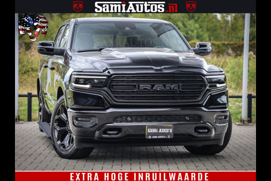 Dodge Ram 1500 DIAMOND LIMITED NIGHT 5.7 V8 | BLACK OPS | MULTITAILGATE | PANO | ADAPTIVE CRUISE | 360CAM | APPLE CARPLAY | PRINS LPG ONDERBOUW | LUCHTVERING | 4X4 | Comfortabele Dubbele Cabine met Royale 5 Zitplaatsen | BEUTY | MEEST COMPLETE UITVOERING | ALLES IN ZWART & WIELEN HOOGGLANS ZWART |