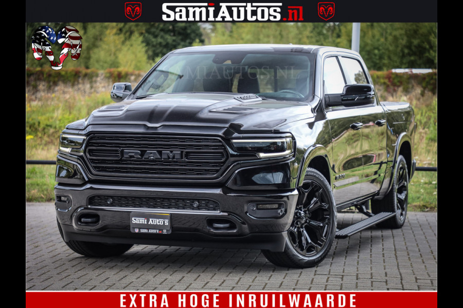 Dodge Ram 1500 DIAMOND LIMITED NIGHT 5.7 V8 | BLACK OPS | MULTITAILGATE | PANO | ADAPTIVE CRUISE | 360CAM | APPLE CARPLAY | PRINS LPG ONDERBOUW | LUCHTVERING | 4X4 | Comfortabele Dubbele Cabine met Royale 5 Zitplaatsen | BEUTY | MEEST COMPLETE UITVOERING | ALLES IN ZWART & WIELEN HOOGGLANS ZWART |