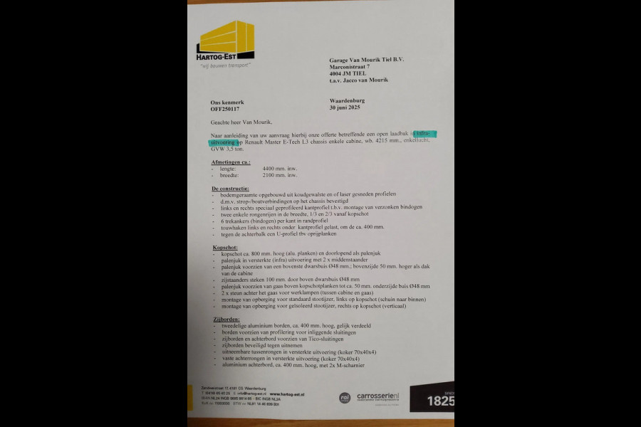 Renault Master E-TECH 87 KW FWD EL - INFRA OPEN LAADBAK 4.40 METER / TREKHAAK 2000 KG. - OPBOUW HARTOG-EST