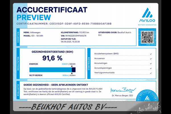 Volkswagen ID.3 First Plus 58 kWh Carplay Navi Cam Soh 91.6%