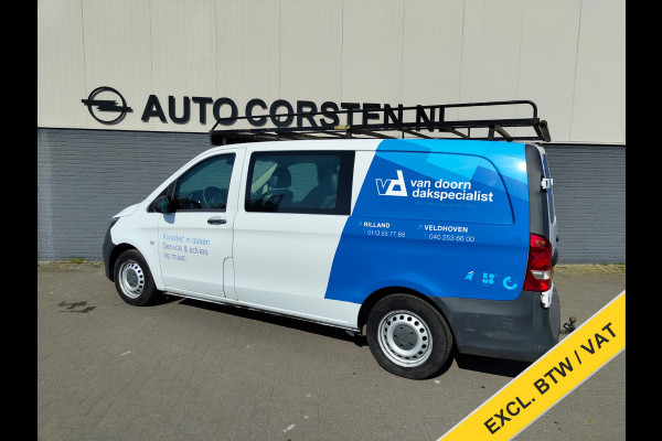 Mercedes-Benz Vito 111CDI Lang Dubbele Cabine Leder Airco Trekhaak Imperial Ladderrol Bluetooth Licht/Regen-Sensor Betonplex Vloer Lat om Lat Betimmering Zijschuifdeur Comfort 1e eigenaar! Euro 6