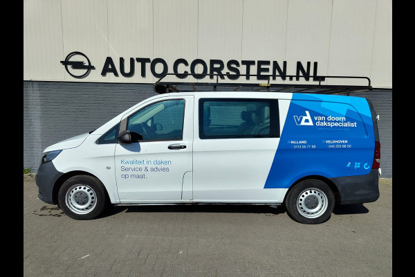 Mercedes-Benz Vito 111CDI Lang Dubbele Cabine Leder Airco Trekhaak Imperial Ladderrol Bluetooth Licht/Regen-Sensor Betonplex Vloer Lat om Lat Betimmering Zijschuifdeur Comfort 1e eigenaar! Euro 6