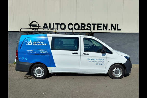 Mercedes-Benz Vito 111CDI Lang Dubbele Cabine Leder Airco Trekhaak Imperial Ladderrol Bluetooth Licht/Regen-Sensor Betonplex Vloer Lat om Lat Betimmering Zijschuifdeur Comfort 1e eigenaar! Euro 6