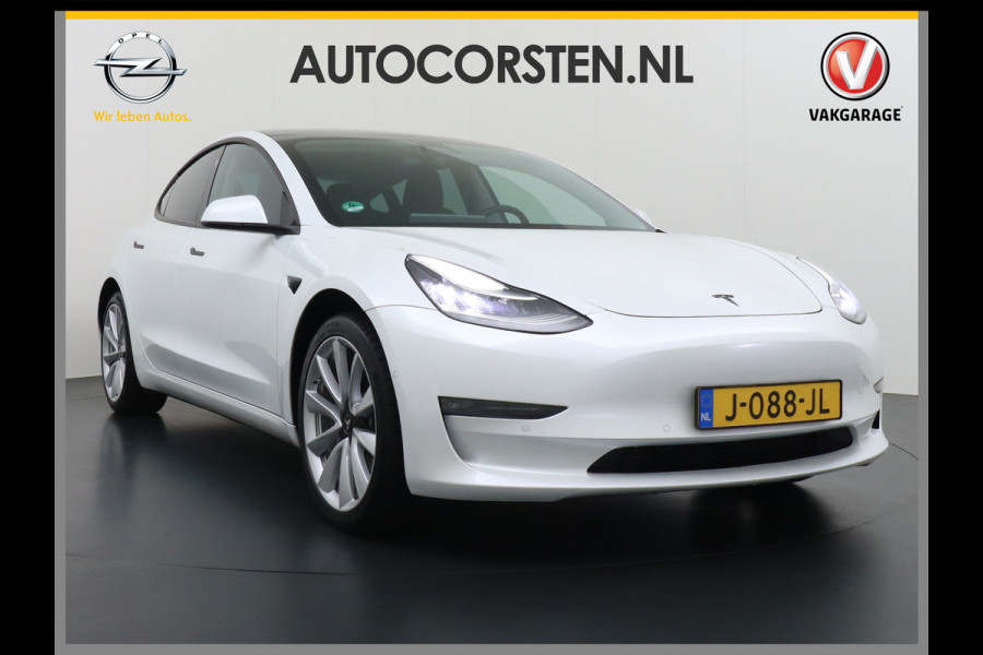 Tesla Model 3 Long Range AWD 75kWh Soh 89% Lmv 19" Navi Ecc Leder Panoramadak Adaptive Cruise Control Autopilot Elek.Stoelen+Verwarmd+Memory Premium Audio 4WD Privacy Glas Fabrieksgarantie op Accu en motor tot 24-08-2028 1e Eigenaar Origineel Nederlandse Auto
