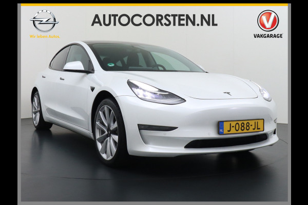 Tesla Model 3 Long Range AWD 75kWh Soh 89% Lmv 19" Navi Ecc Leder Panoramadak Adaptive Cruise Control Autopilot Elek.Stoelen+Verwarmd+Memory Premium Audio 4WD Privacy Glas Fabrieksgarantie op Accu en motor tot 24-08-2028 1e Eigenaar Origineel Nederlandse Auto