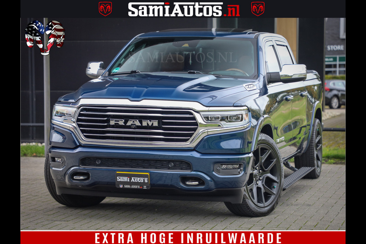 Dodge Ram 1500 LongHorn Edition | Hemi 5.7 V8 | HUD | Luchtvering | Bom Vol | PanoramaDak | Patriot Blue | Comfortabele Dubbele Cabine met Royale 5 Zitplaatsen | DC | Crew Cab | 4x4 | Eerste Eigenaar | 57860 Km Dealer Onderhouden |
