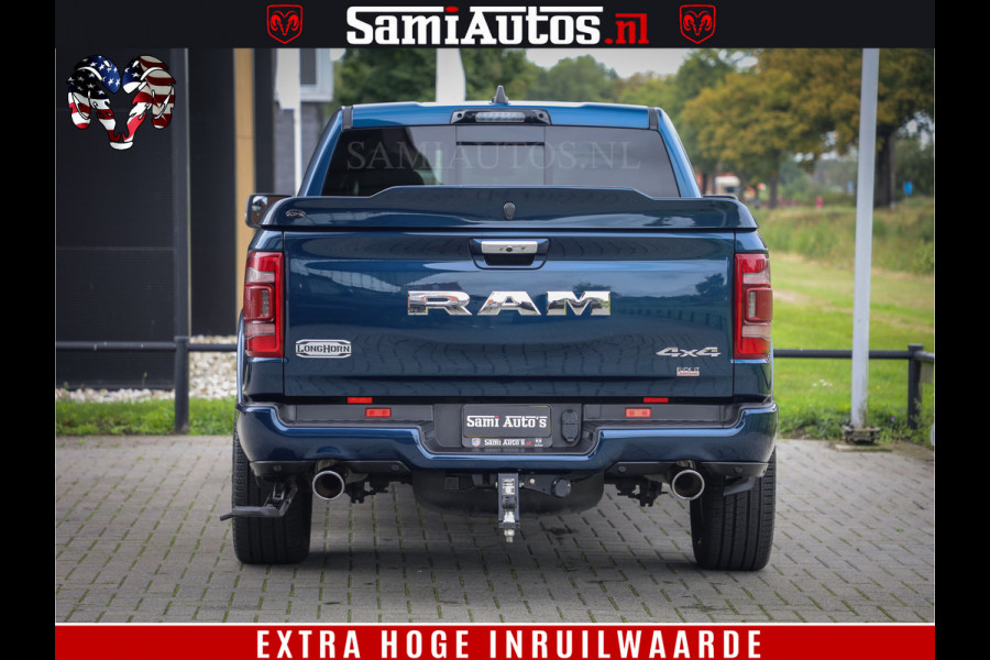 Dodge Ram 1500 LongHorn Edition | Hemi 5.7 V8 | HUD | Luchtvering | Bom Vol | PanoramaDak | Patriot Blue | Comfortabele Dubbele Cabine met Royale 5 Zitplaatsen | DC | Crew Cab | 4x4 | Eerste Eigenaar | 57860 Km Dealer Onderhouden |