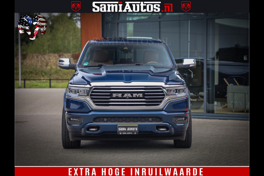 Dodge Ram 1500 LongHorn Edition | Hemi 5.7 V8 | HUD | Luchtvering | Bom Vol | PanoramaDak | Patriot Blue | Comfortabele Dubbele Cabine met Royale 5 Zitplaatsen | DC | Crew Cab | 4x4 | Eerste Eigenaar | 57860 Km Dealer Onderhouden |