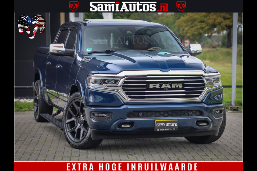Dodge Ram 1500 LongHorn Edition | Hemi 5.7 V8 | HUD | Luchtvering | Bom Vol | PanoramaDak | Patriot Blue | Comfortabele Dubbele Cabine met Royale 5 Zitplaatsen | DC | Crew Cab | 4x4 | Eerste Eigenaar | 57860 Km Dealer Onderhouden |