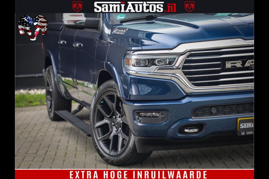 Dodge Ram 1500 LongHorn Edition | Hemi 5.7 V8 | HUD | Luchtvering | Bom Vol | PanoramaDak | Patriot Blue | Comfortabele Dubbele Cabine met Royale 5 Zitplaatsen | DC | Crew Cab | 4x4 | Eerste Eigenaar | 57860 Km Dealer Onderhouden |