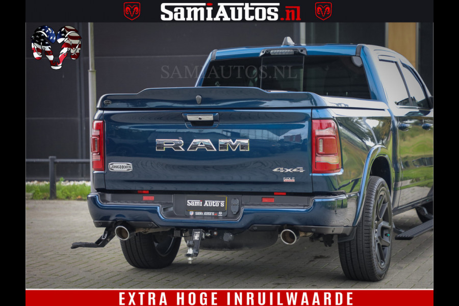 Dodge Ram 1500 LongHorn Edition | Hemi 5.7 V8 | HUD | Luchtvering | Bom Vol | PanoramaDak | Patriot Blue | Comfortabele Dubbele Cabine met Royale 5 Zitplaatsen | DC | Crew Cab | 4x4 | Eerste Eigenaar | 57860 Km Dealer Onderhouden |