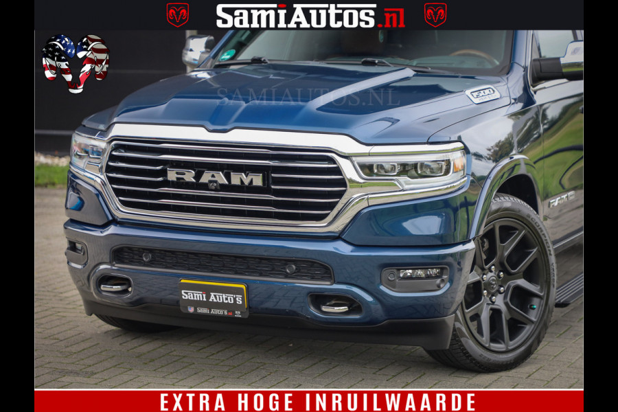 Dodge Ram 1500 LongHorn Edition | Hemi 5.7 V8 | HUD | Luchtvering | Bom Vol | PanoramaDak | Patriot Blue | Comfortabele Dubbele Cabine met Royale 5 Zitplaatsen | DC | Crew Cab | 4x4 | Eerste Eigenaar | 57860 Km Dealer Onderhouden |