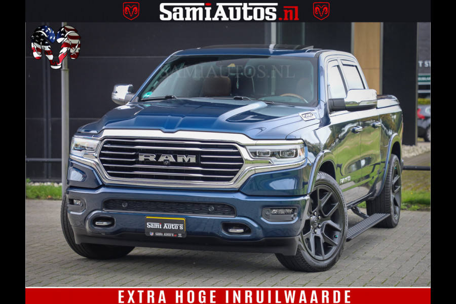 Dodge Ram 1500 LongHorn Edition | Hemi 5.7 V8 | HUD | Luchtvering | Bom Vol | PanoramaDak | Patriot Blue | Comfortabele Dubbele Cabine met Royale 5 Zitplaatsen | DC | Crew Cab | 4x4 | Eerste Eigenaar | 57860 Km Dealer Onderhouden |