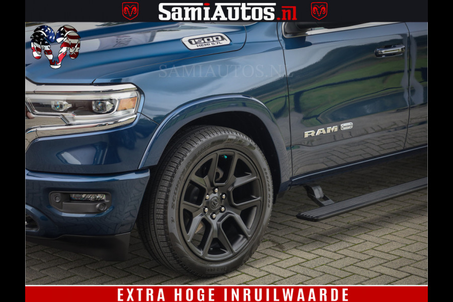 Dodge Ram 1500 LongHorn Edition | Hemi 5.7 V8 | HUD | Luchtvering | Bom Vol | PanoramaDak | Patriot Blue | Comfortabele Dubbele Cabine met Royale 5 Zitplaatsen | DC | Crew Cab | 4x4 | Eerste Eigenaar | 57860 Km Dealer Onderhouden |