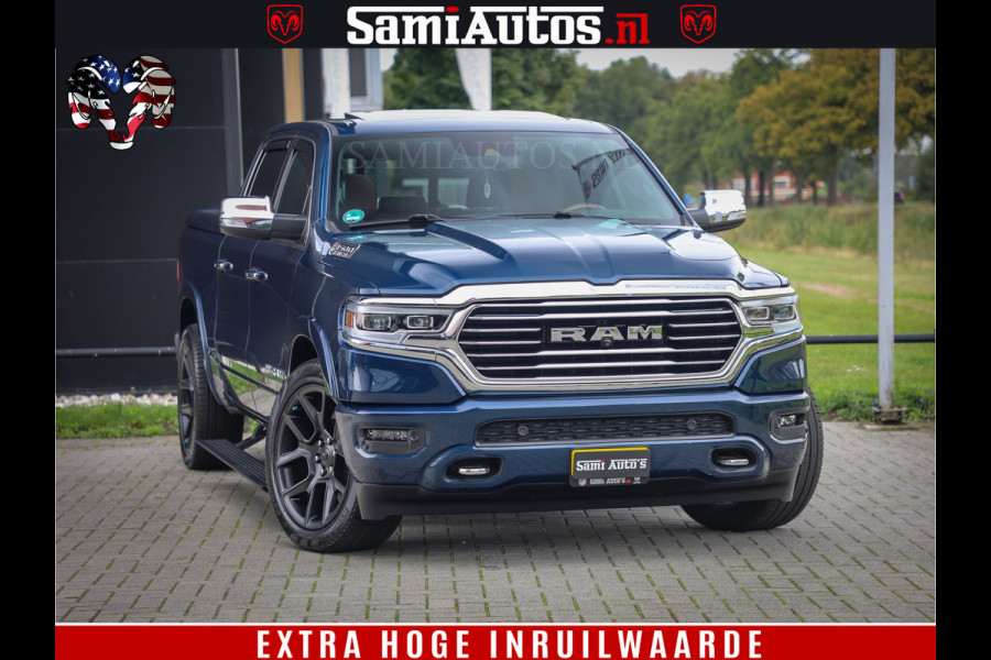 Dodge Ram 1500 LongHorn Edition | Hemi 5.7 V8 | HUD | Luchtvering | Bom Vol | PanoramaDak | Patriot Blue | Comfortabele Dubbele Cabine met Royale 5 Zitplaatsen | DC | Crew Cab | 4x4 | Eerste Eigenaar | 57860 Km Dealer Onderhouden |
