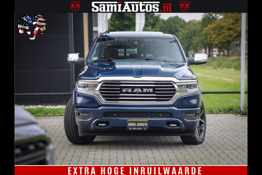 Dodge Ram 1500 LongHorn Edition | Hemi 5.7 V8 | HUD | Luchtvering | Bom Vol | PanoramaDak | Patriot Blue | Comfortabele Dubbele Cabine met Royale 5 Zitplaatsen | DC | Crew Cab | 4x4 | Eerste Eigenaar | 57860 Km Dealer Onderhouden |