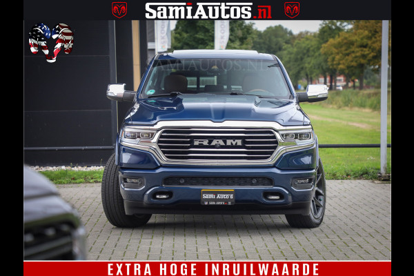 Dodge Ram 1500 LongHorn Edition | Hemi 5.7 V8 | HUD | Luchtvering | Bom Vol | PanoramaDak | Patriot Blue | Comfortabele Dubbele Cabine met Royale 5 Zitplaatsen | DC | Crew Cab | 4x4 | Eerste Eigenaar | 57860 Km Dealer Onderhouden |