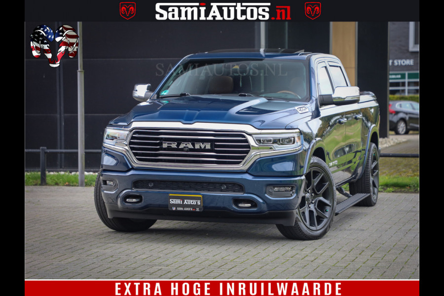 Dodge Ram 1500 LongHorn Edition | Hemi 5.7 V8 | HUD | Luchtvering | Bom Vol | PanoramaDak | Patriot Blue | Comfortabele Dubbele Cabine met Royale 5 Zitplaatsen | DC | Crew Cab | 4x4 | Eerste Eigenaar | 57860 Km Dealer Onderhouden |