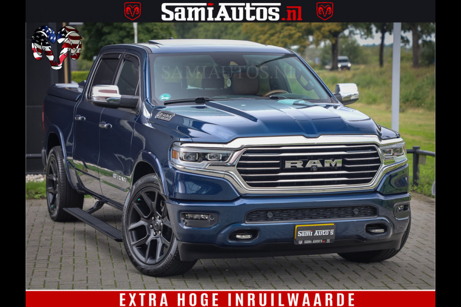 Dodge Ram 1500 LongHorn Edition | Hemi 5.7 V8 | HUD | Luchtvering | Bom Vol | PanoramaDak | Patriot Blue | Comfortabele Dubbele Cabine met Royale 5 Zitplaatsen | DC | Crew Cab | 4x4 | Eerste Eigenaar | 57860 Km Dealer Onderhouden |