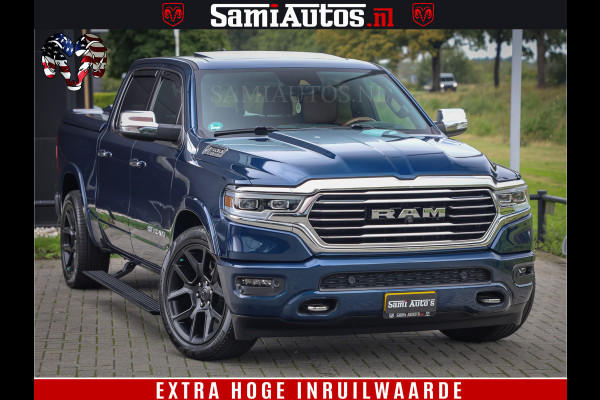 Dodge Ram 1500 LongHorn Edition | Hemi 5.7 V8 | HUD | Luchtvering | Bom Vol | PanoramaDak | Patriot Blue | Comfortabele Dubbele Cabine met Royale 5 Zitplaatsen | DC | Crew Cab | 4x4 | Eerste Eigenaar | 57860 Km Dealer Onderhouden |