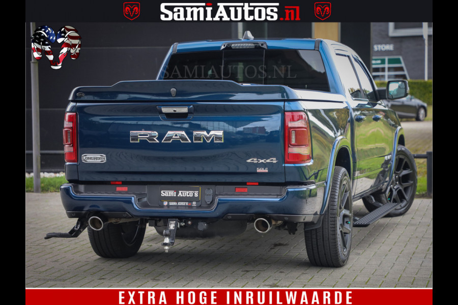 Dodge Ram 1500 LongHorn Edition | Hemi 5.7 V8 | HUD | Luchtvering | Bom Vol | PanoramaDak | Patriot Blue | Comfortabele Dubbele Cabine met Royale 5 Zitplaatsen | DC | Crew Cab | 4x4 | Eerste Eigenaar | 57860 Km Dealer Onderhouden |