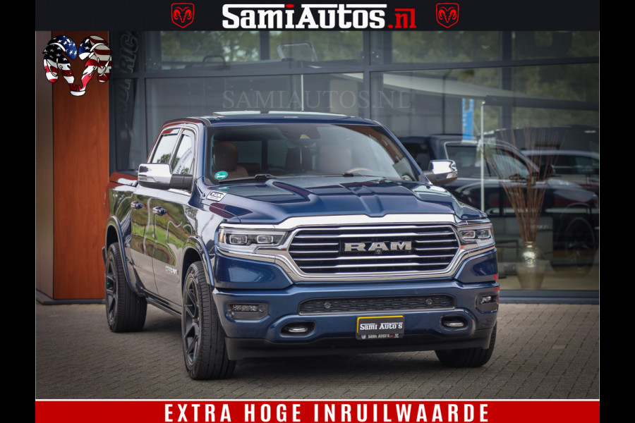 Dodge Ram 1500 LongHorn Edition | Hemi 5.7 V8 | HUD | Luchtvering | Bom Vol | PanoramaDak | Patriot Blue | Comfortabele Dubbele Cabine met Royale 5 Zitplaatsen | DC | Crew Cab | 4x4 | Eerste Eigenaar | 57860 Km Dealer Onderhouden |
