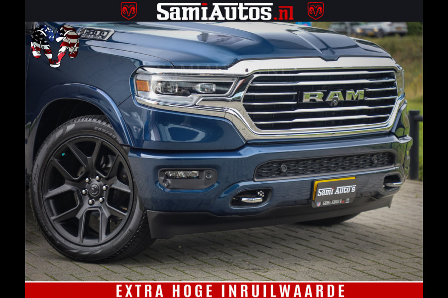 Dodge Ram 1500 LongHorn Edition | Hemi 5.7 V8 | HUD | Luchtvering | Bom Vol | PanoramaDak | Patriot Blue | Comfortabele Dubbele Cabine met Royale 5 Zitplaatsen | DC | Crew Cab | 4x4 | Eerste Eigenaar | 57860 Km Dealer Onderhouden |