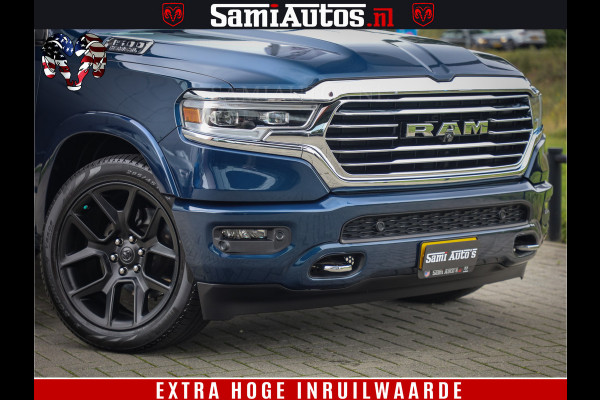 Dodge Ram 1500 LongHorn Edition | Hemi 5.7 V8 | HUD | Luchtvering | Bom Vol | PanoramaDak | Patriot Blue | Comfortabele Dubbele Cabine met Royale 5 Zitplaatsen | DC | Crew Cab | 4x4 | Eerste Eigenaar | 57860 Km Dealer Onderhouden |