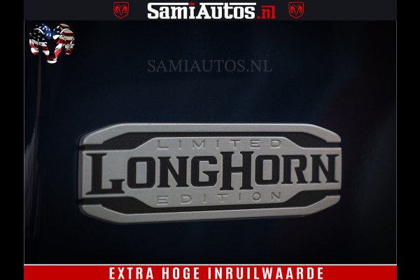 Dodge Ram 1500 LongHorn Edition | Hemi 5.7 V8 | HUD | Luchtvering | Bom Vol | PanoramaDak | Patriot Blue | Comfortabele Dubbele Cabine met Royale 5 Zitplaatsen | DC | Crew Cab | 4x4 | Eerste Eigenaar | 57860 Km Dealer Onderhouden |