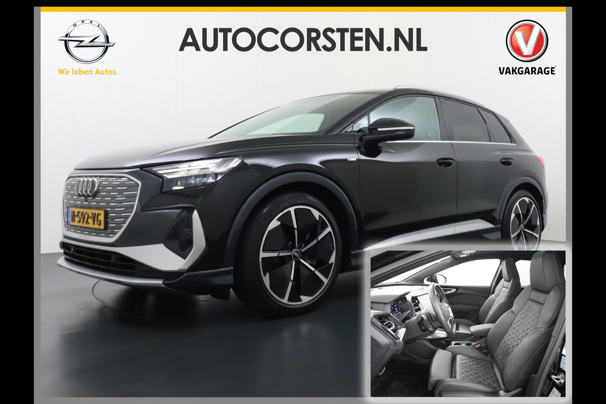 Audi Q4 e-tron 50 Quattro 300pk S-Line Competition Pano-dak Leer Matrix-Led 21" 77kWh Sonos®-Audio Warmtepomp Adaptive-CruiseHead-Up-Display La Assistentie Pack Comfort-plus Pack Dynamic Pack Interieur Pack Keyless Pack Automatisch grootlicht Privacy-Glass Zeer compleet Grote Accu €75.000 nieuw