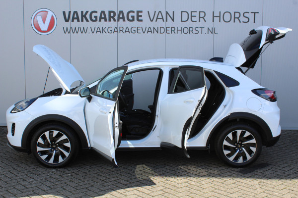 Ford Puma 1.0-125pk EcoBoost Mild-Hybrid Titanium. Fabr. garantie t/m 24-03-2029 ! Eén van de fijnst rijdende auto in z'n klasse ! Autm. airco, stoel-, stuur- en voorraamverw., cruise control, LED verl., navigatie, telefoonvoorb., DAB radio, Apple carplay/Android auto etc.