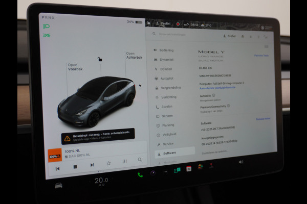 Tesla Model Y Long Range AWD 75kWh  Trekhaak Lmv 20" Wrmtepomp Leder Navi Ecc Premium Audio Stoel+Stuurverwarming Autopilot 3.0 Adaptieve Crui Memory Matrix Led Intel Atom® Processor Homelink 5 Achterbank verwarmd 4WD 1.600KG Trekgewicht