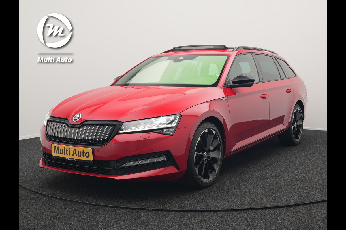 Škoda Superb Combi 1.4 TSI iV Sportline Business Plug In Hybrid 218pk Dealer O.H PHEV | Trekhaak Af Fabriek | Panodak | Adaptive Cruise | Canton Audio | Alcantara Sportstoelen Memory & Verwarmd | 360 | Apple Carplay | Blis | Stuur Verwarmd | Virtual | Navigatie | DAB |