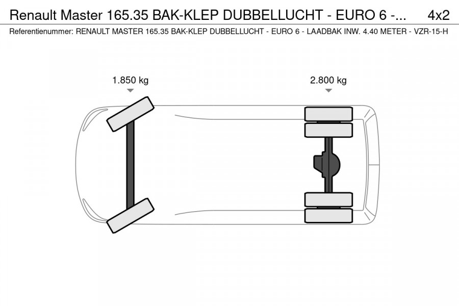 Renault Master 165.35 BAK-KLEP DUBBELLUCHT - EURO 6 - LAADBAK INW. 4.40 METER - VZR-15-H Renault Master 165.35 BAK-KLEP DUBBELLUCHT - EURO 6 - LAADBAK INW. 4.40 METER - VZR-15-H