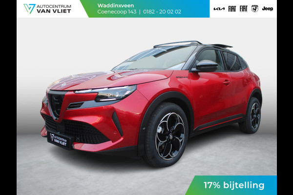 Alfa Romeo junior Elettrica Speciale 54 kWh | 17% Bijtelling | Schuif/Kanteldak | Pack Techno | Brera Red | Dak Zwart