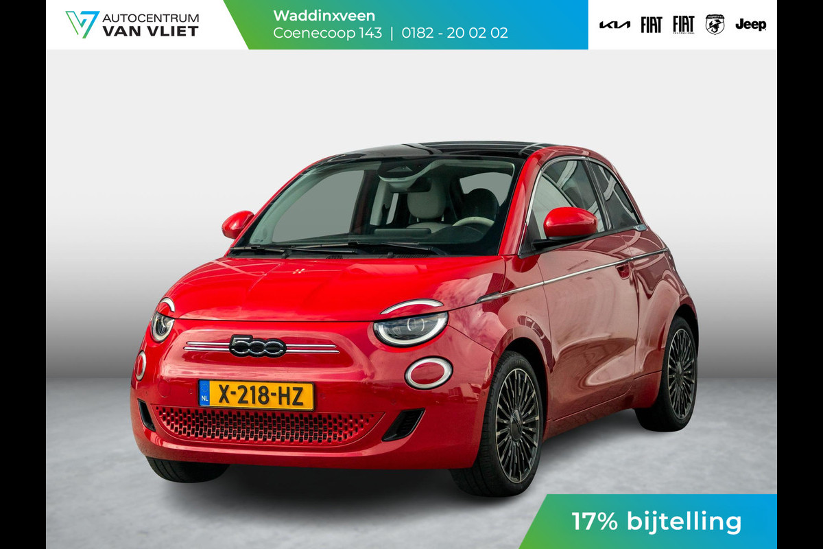 Fiat 500E 3+1 La Prima 42 kWh | SOH 97,2% | 17% Bijtelling | Clima | Cruise | Leder | 17" | Priv Glass | Winter Pack | JBL Sound | BSM | Apple Carplay