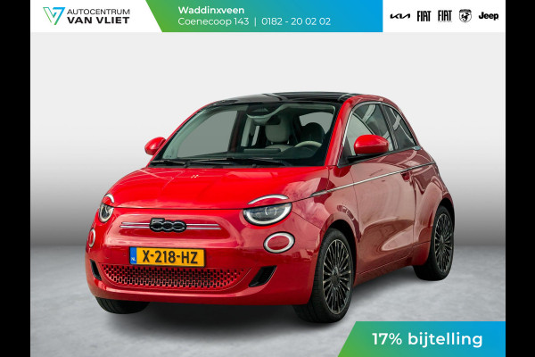 Fiat 500E 3+1 La Prima 42 kWh | 17% Bijtelling | Clima | Cruise | Leder | 17" | Priv Glass | Winter Pack | JBL Sound | BSM | Apple Carplay