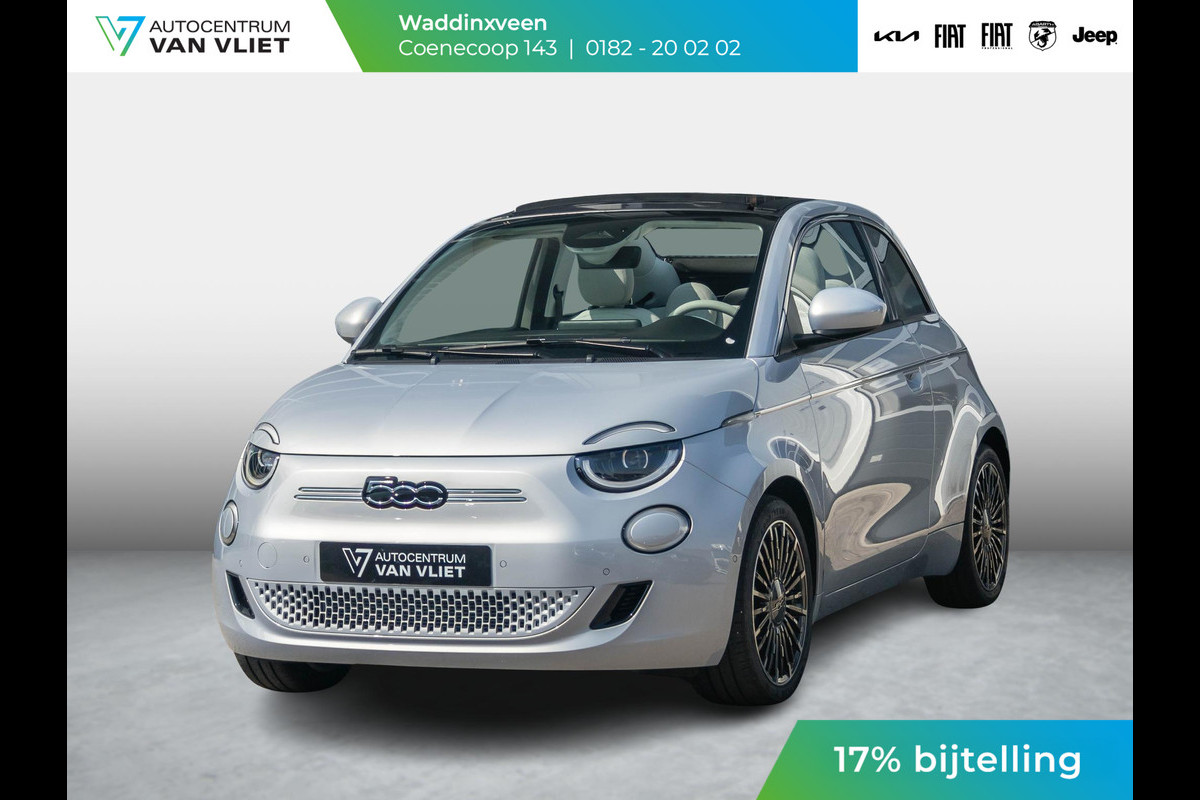Fiat 500E Cabrio La Prima 42 kWh | 17% Bijtelling | Clima | Cruise | Leder | 17" | Priv Glass | Winter Pack | JBL Sound | BSM | Apple Carplay