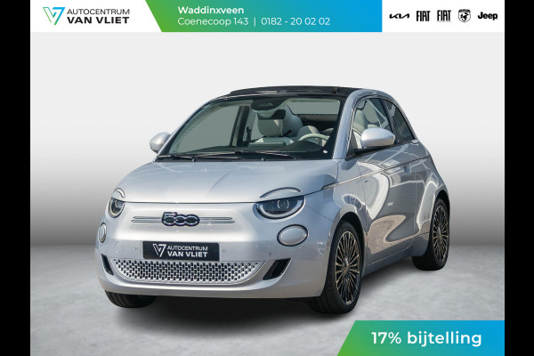 Fiat 500E Cabrio La Prima 42 kWh | 17% Bijtelling | Clima | Cruise | Leder | 17" | Priv Glass | Winter Pack | JBL Sound | BSM | Apple Carplay