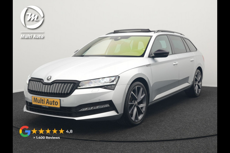 Škoda Superb Combi 1.4 TSI iV Sportline Business Plug In Hybrid 218pk Dealer O.H PHEV | Trekhaak Af Fabriek | Panodak | Adaptive Cruise | Alcantara Sportstoelen Memory & Verwarmd | Sfeerverlichting | Apple Carplay | Stuur Verwarmd | Virtual | Keyless | DAB | 19"L.M |