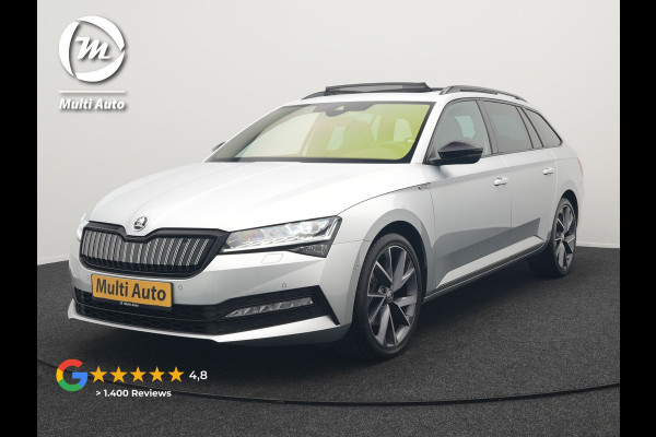 Škoda Superb Combi 1.4 TSI iV Sportline Business Plug In Hybrid 218pk Dealer O.H PHEV | Trekhaak Af Fabriek | Panodak | Adaptive Cruise | Alcantara Sportstoelen Memory & Verwarmd | Sfeerverlichting | Apple Carplay | Stuur Verwarmd | Virtual | Keyless | DAB | 19"L.M |