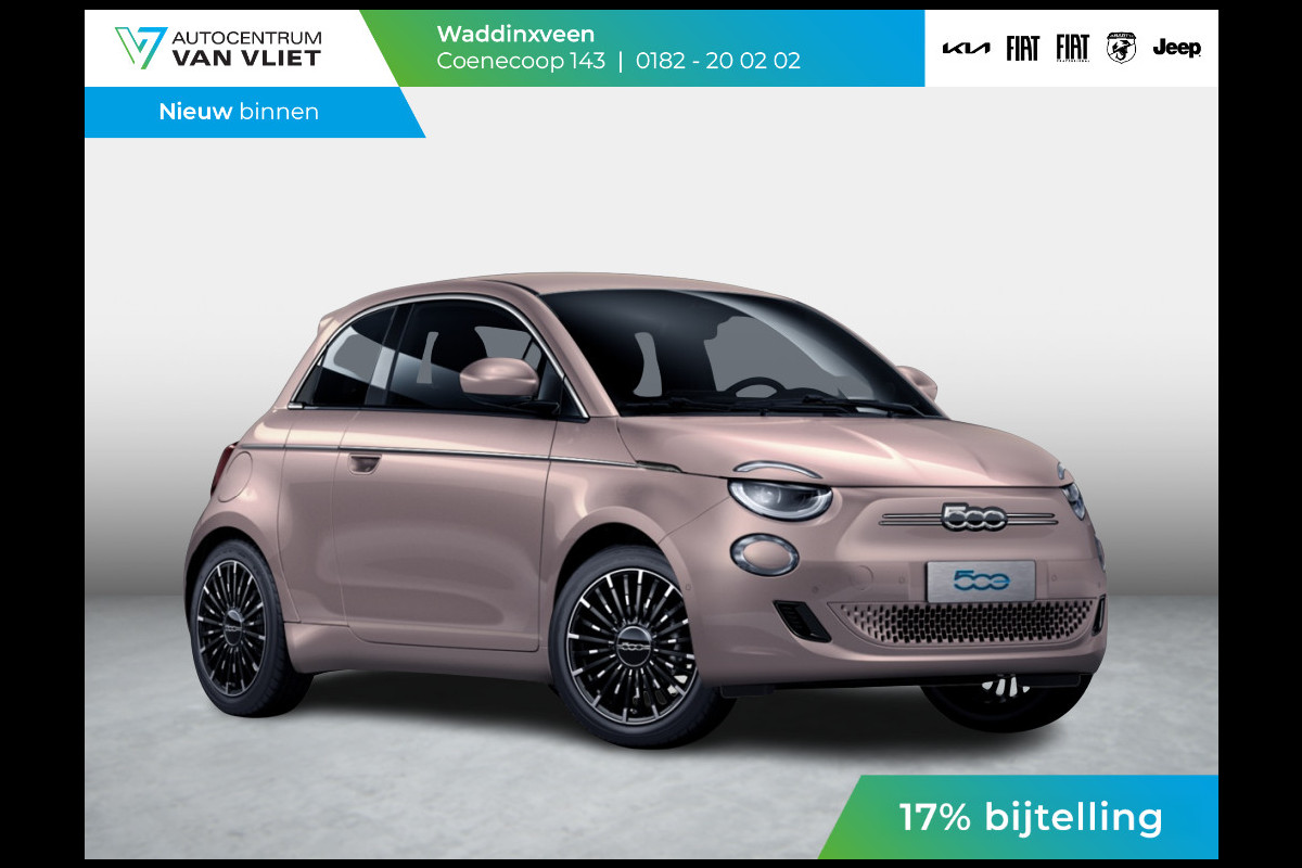 Fiat 500E 3+1 La Prima 42 kWh | 17% Bijtelling | Clima | Cruise | Leder | 17" | Priv Glass | Winter Pack | JBL Sound | BSM | Apple Carplay