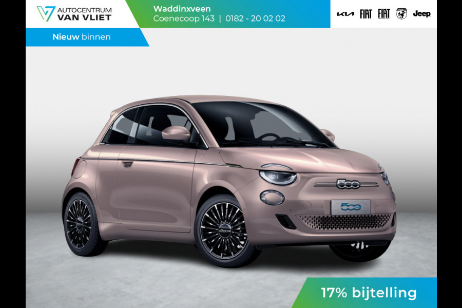 Fiat 500E 3+1 La Prima 42 kWh | 17% Bijtelling | Clima | Cruise | Leder | 17" | Priv Glass | Winter Pack | JBL Sound | BSM | Apple Carplay