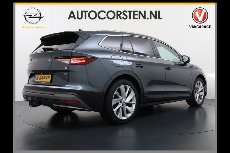 Škoda ENYAQ iV 80 204pk Leer+St+Verwarmd Pano-dak Trekhaak Adaptive Cruise PDC-a+v S.O.H. 94% 360°Camera 20"lm Apple Carplay Android Auto Luxus DAB Stuurverwarming Led Lmv Keyless Infotainment Plus Assistentie Plus Comfort-pakket 1e Eigenaar Origineel Nederlandse Auto Nieuwprijs €57.155,- 1.000kg trekvermogen!