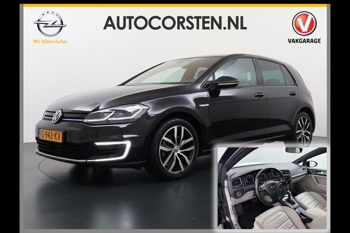 Volkswagen e-Golf Leer Warmtepomp LED+ Apple Carplay Android Navi Adaptieve-Cr. Digit.Dashb. PDC-v+a DAB 17" Ecc Led Premium Audio High-End- Dynaudio Zwarte-Hemel Lmv Privacy Glas Spiegel Pakket Virtual Cockpit Leder Pakket Stoelverwarming Origineel Nederlandse Auto Dealeronderhouden € 48.000 Nieuw!