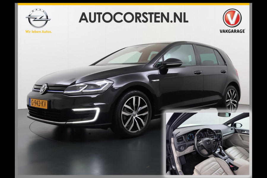 Volkswagen e-Golf Leer Warmtepomp LED+ Apple Carplay Android Navi Adaptieve-Cr. Digit.Dashb. PDC-v+a DAB 17" Ecc Led Premium Audio High-End- Dynaudio Zwarte-Hemel Lmv Privacy Glas Spiegel Pakket Virtual Cockpit Leder Pakket Stoelverwarming Origineel Nederlandse Auto Dealeronderhouden € 48.000 Nieuw!